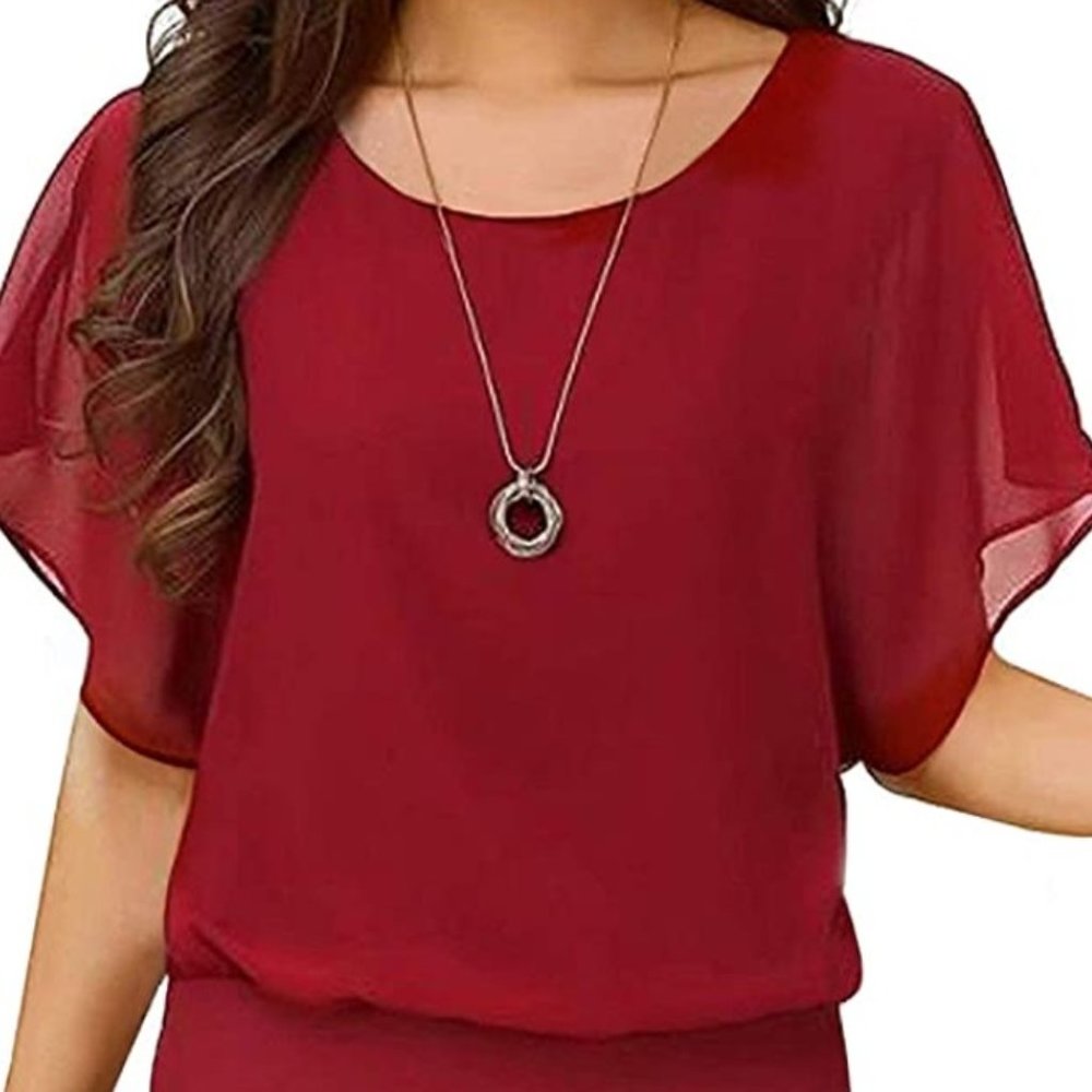 Hount Women's Loose Fit Casual Chiffon Short Sleeve Blouses Tops Shirts